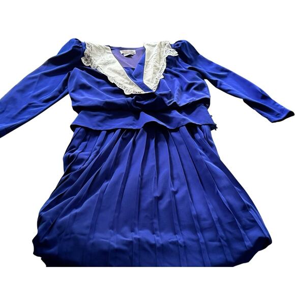 Vintage 80’s Fashion Lindsey Blake Blue Pleated Dress Long Sleeve Size 12 Retro - Picture 1 of 9